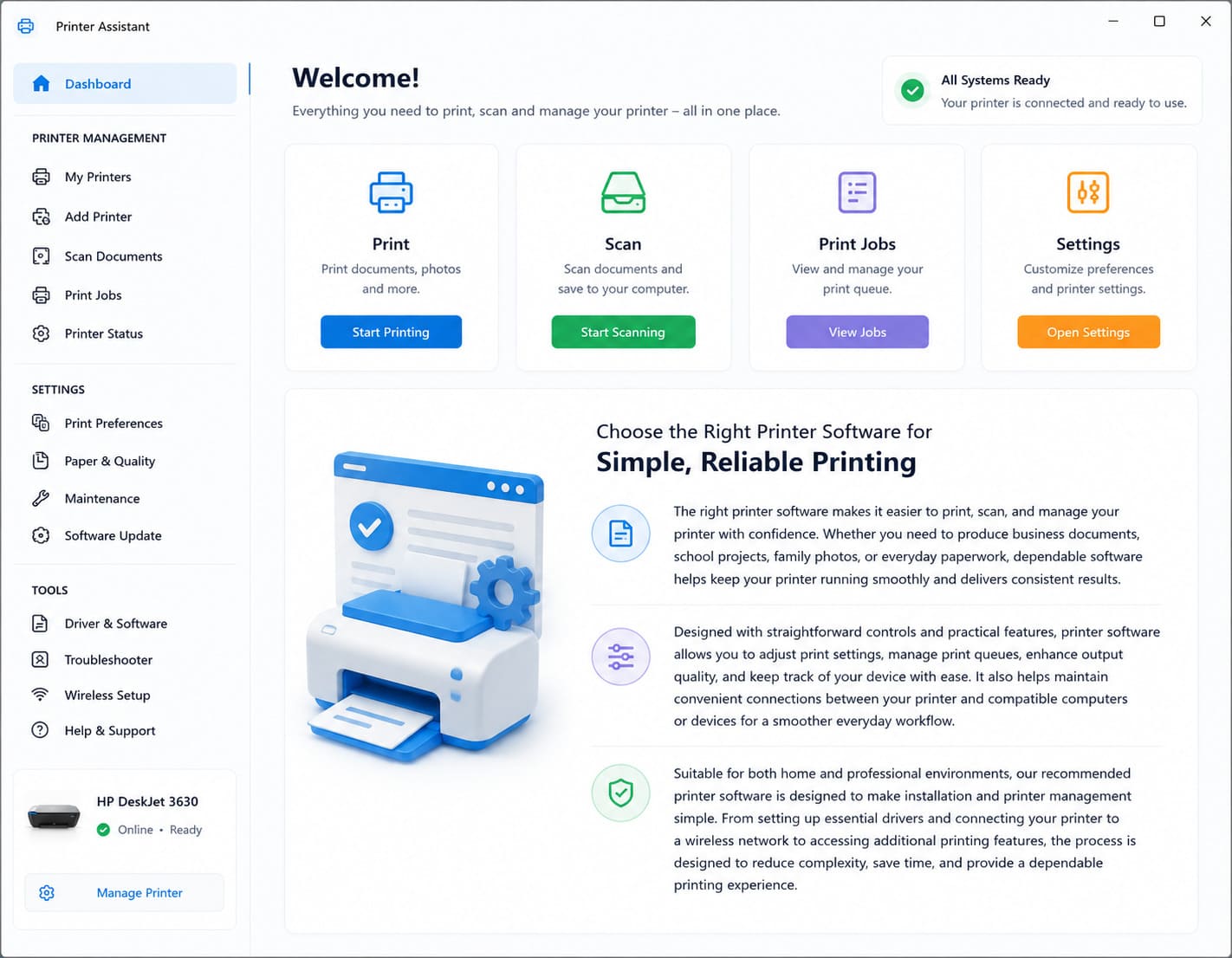 Printer software dashboard